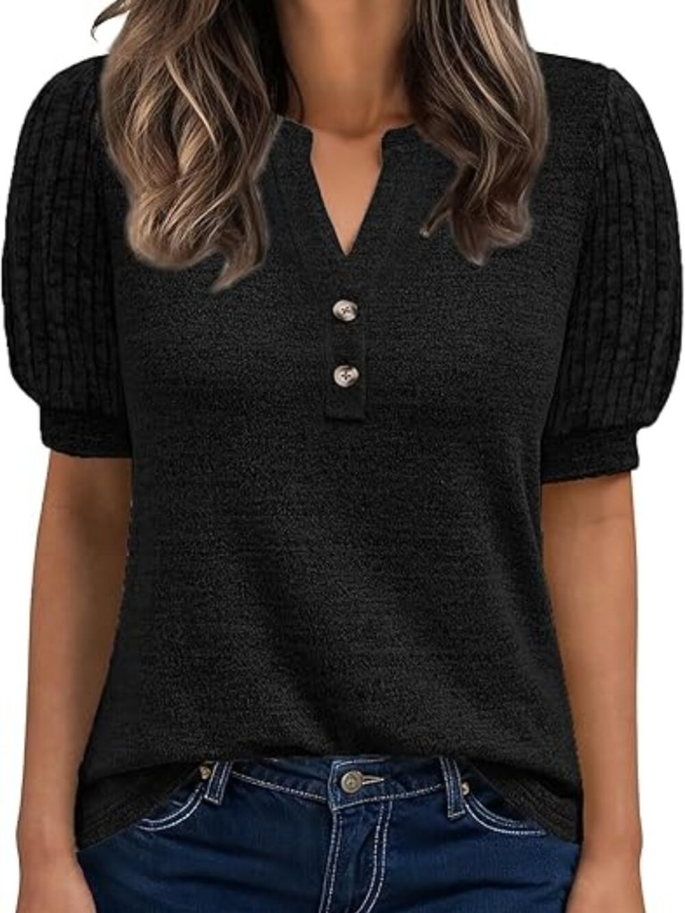NWT Women's Black Puff Sleeve Blouse Button Front Detail Casual Dressy Size S